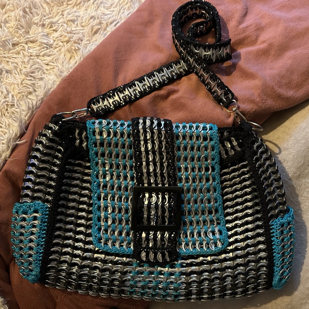Handmade Poptabs Purse Teal Black and Silver
